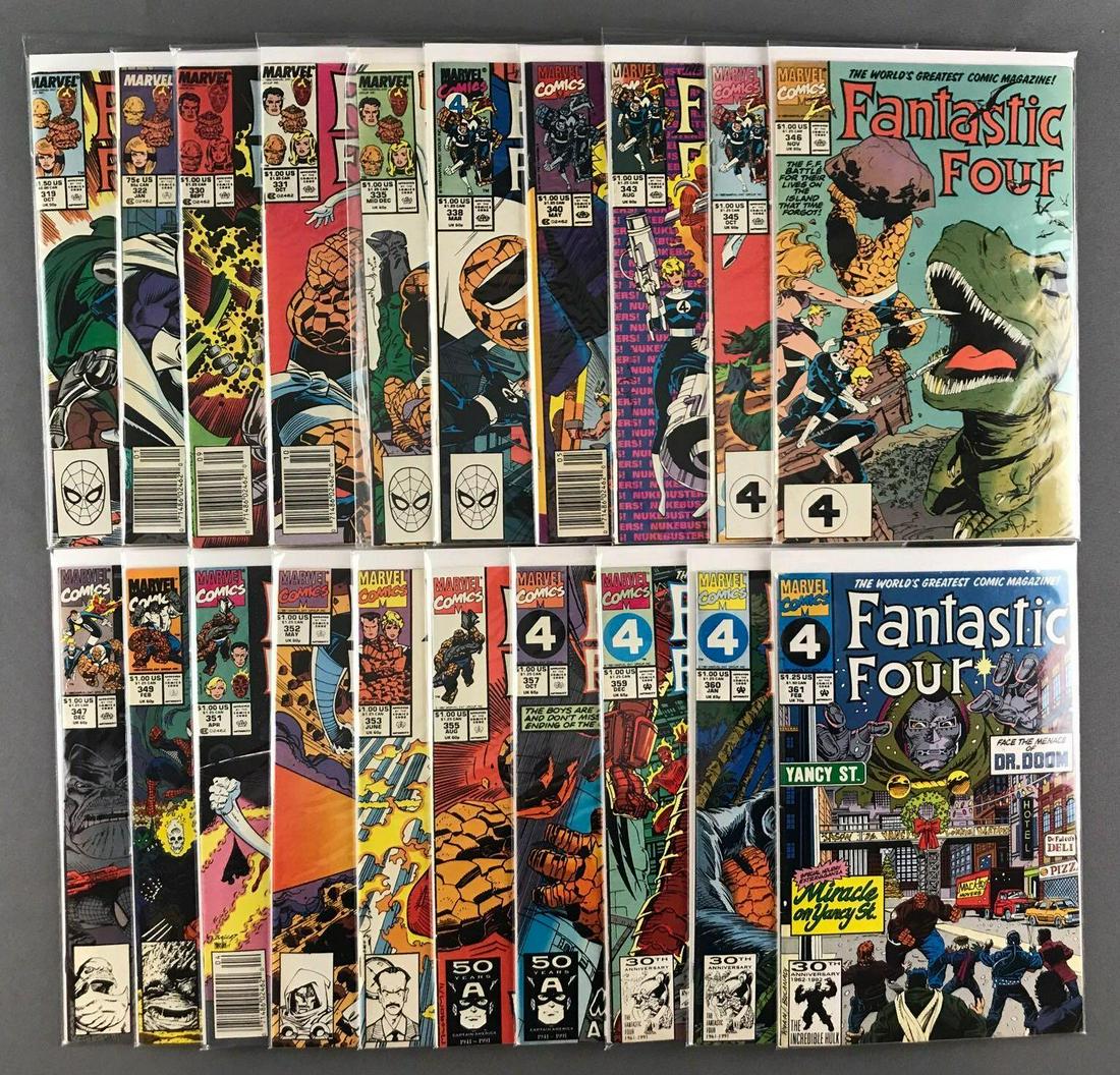 Group of 20 Marvel Comics Fantastic Four Comic Books: Includes No. 319, No. 322, No. 330, No. 331, No. 335, No. 338, No. 340, No. 343, No. 345-347, No. 349, No. 351-353, No. 355, No. 357, and No. 359-361. Oct. 1988-Feb. 1992, $.75-$1.50, bagged and board