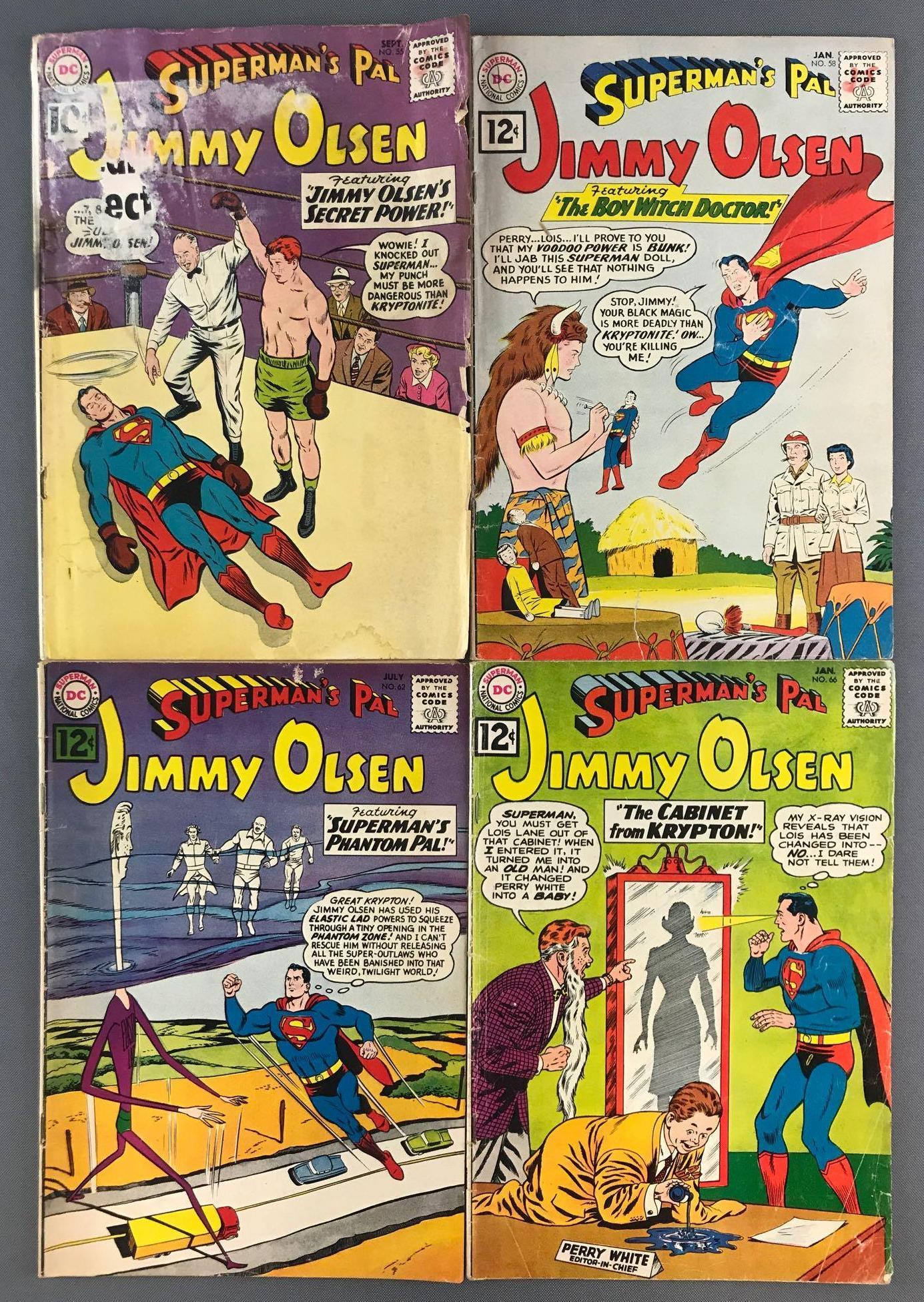 Group of 4 DC Comics Supermans Pal Jimmy Olsen Comic: Includes No. 55, No. 58, No. 62, and No. 66, Sept. 1961, Jan. & July 1962, Jan. 1963, Silver Age, $.10-$.12, bagged and boarded