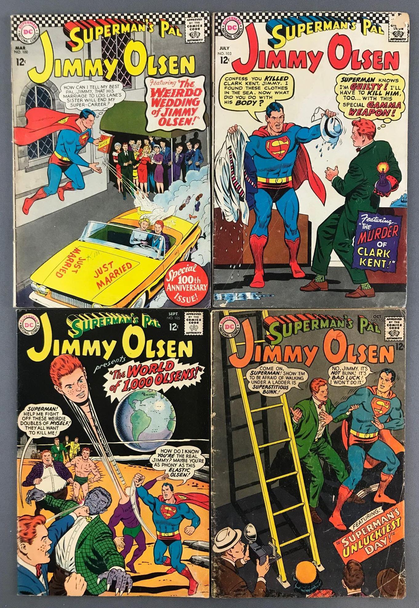 Group of 4 DC Comics Supermans Pal Jimmy Olsen Comic: Includes No. 100, No. 103, No. 105, and No. 106. March, July, Sept. and Oct. 1967, Silver Age, $.12, most bagged and boarded