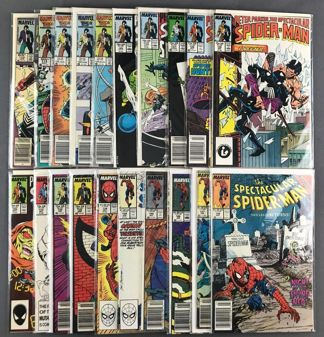 Group of 20 Marvel Comics The Spectacular Spider-Man: Includes No. 110, No. 114, No. 122-130, No. 133, No. 135, No. 136, No. 138, No. 139, and No. 145-148. March 1986-March 1989, $.65-$1.00, bagged and boarded