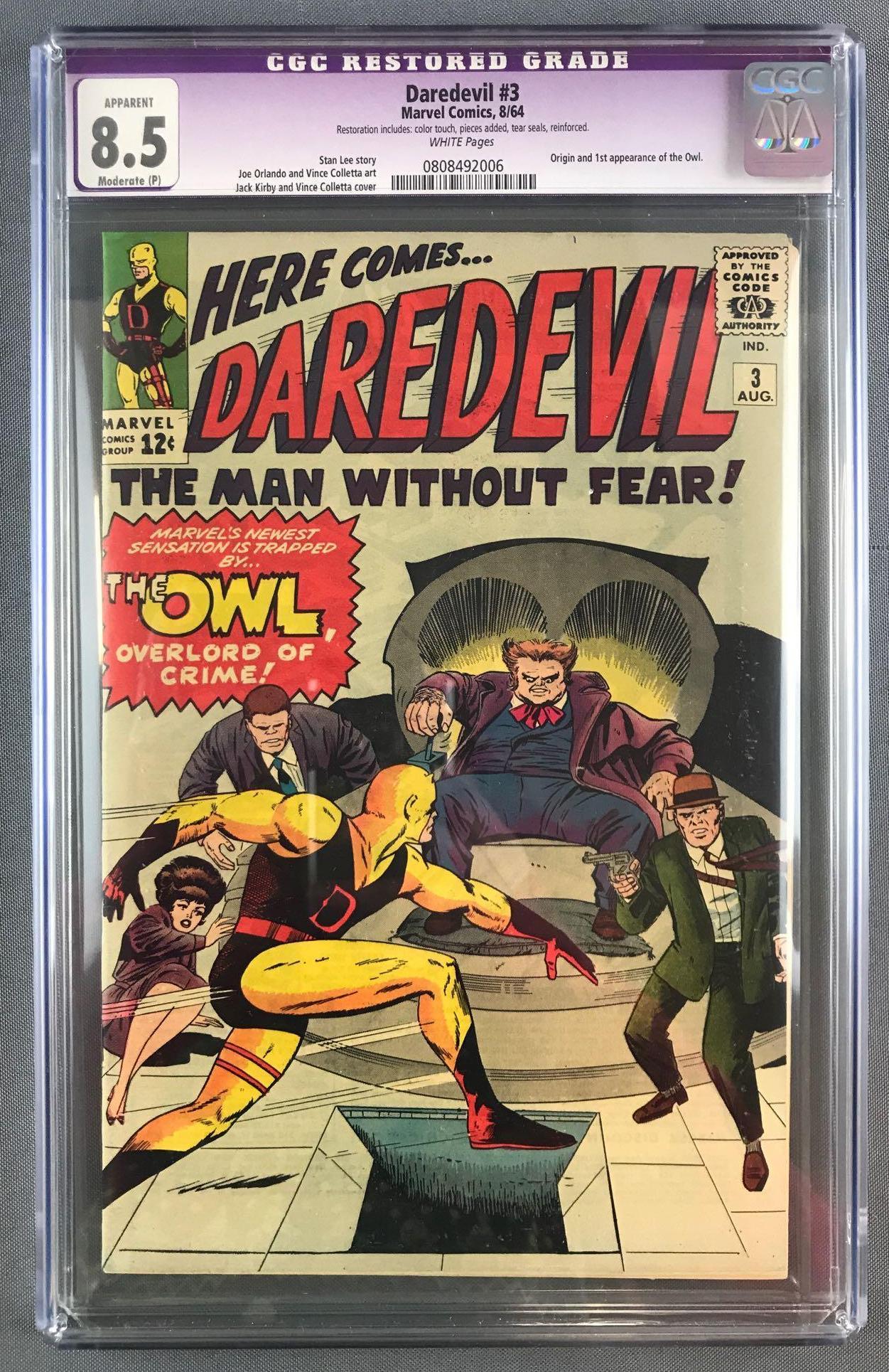 Restored CGC Graded Marvel Comics Daredevil No. 3 Comic: CGC Restored Grade 8.5. Restoration includes color touch, pieces added, tear seals, reinforced. Stan Lee Story, Joe Orlando & Vince Colletta Art, Jack Kirby & Vince Colletta cover. Origin and 1st appe