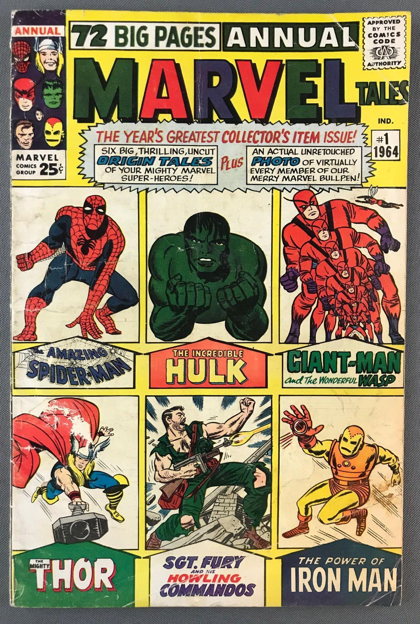 Marvel Comics Marvel Tales Annual No. 1 Comic Book: Reprints Amz Fant 15, Hulk 1, TtA 49, ToS 39 and 48, JiM 83, and Sgt. Fury 1., 1964, Silver Age, $.25, bagged and boarded
