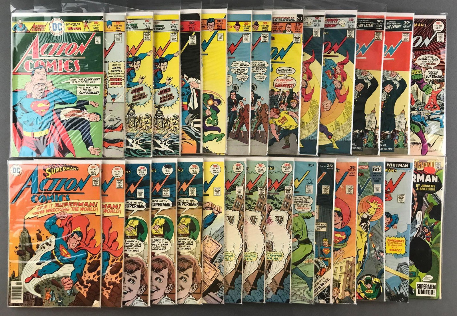 Group of 29 DC Comics Supermanâ€™s Action Comics Comic: Includes No. 453, No. 455-457, No. 459-463, No. 466-469, No. 471, No. 473, No. 474, No. 476, No. 483, No. 488, and Superman Reign of the Supermen No. 81(Sept. 1993, $1.501975-1978, Bronze Age, $.25-$.