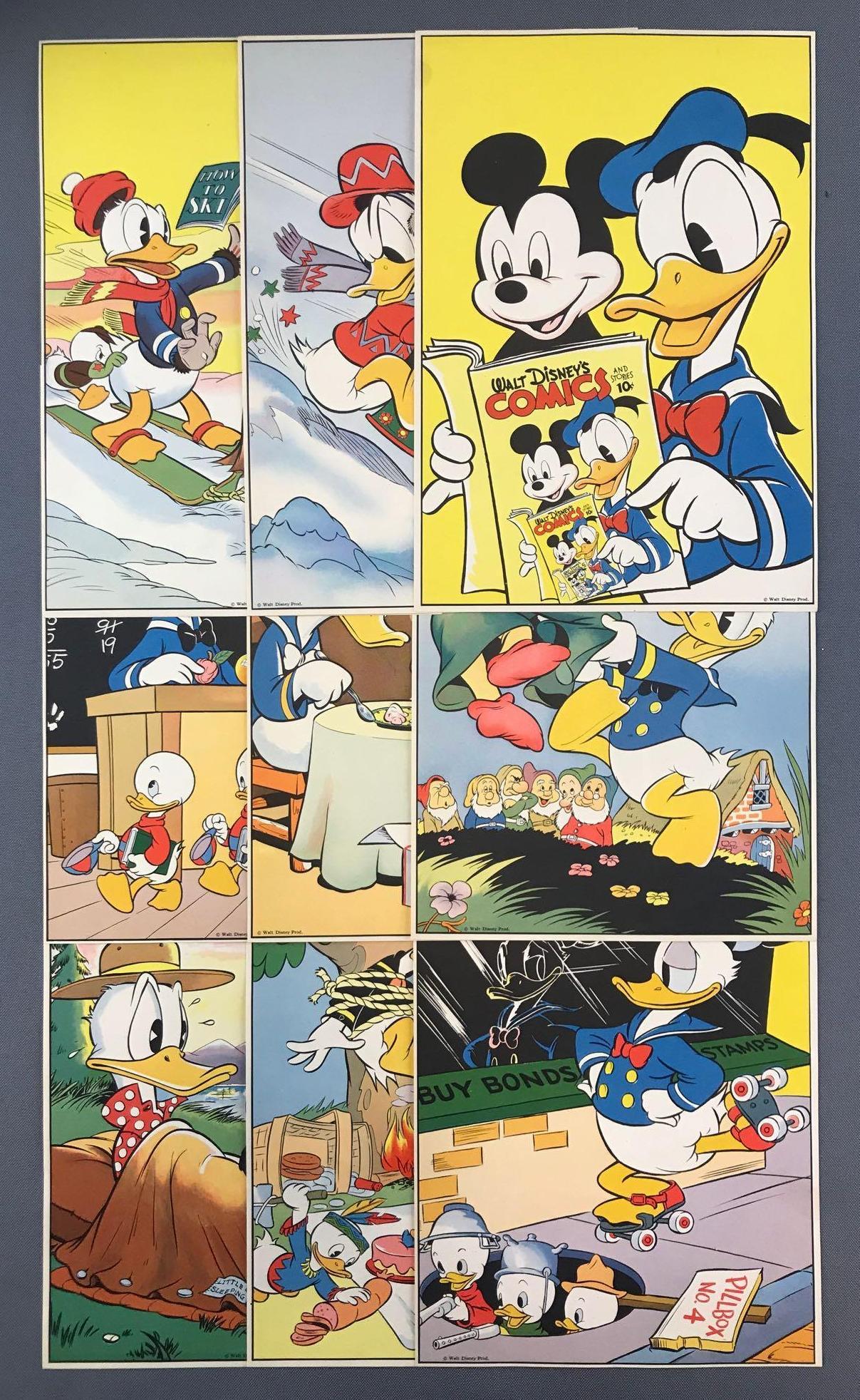 Group of 9 Walt Disney Productions Prints: Featuring Mickey Mouse, Donald Duck, 7 Dwarves, and more. 6.75x9.75 inches