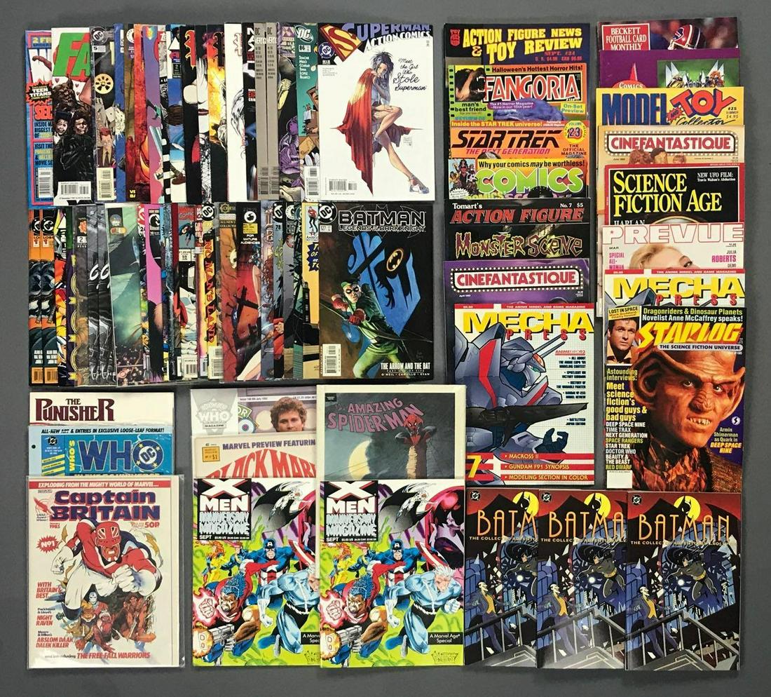 Group of approximately 50 assorted comic books and more: Includes comics and trade comics by DC, Marvel, Dark Horse and more featuring Batman, Superman, Spider-Man and more; magazines Action Figure News and Toy Review, Cinefantisque, Starlog and more. Inclu