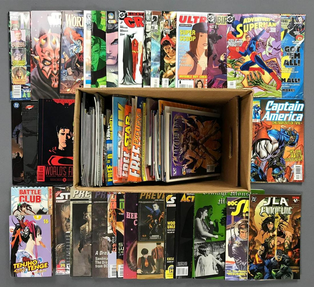 Group of approximately 50 assorted comic books,: Includes DC, Marvel and more featuring Captain America, Superman and more; magazines Preview, Star Wars Insider and more. Includes duplicates
