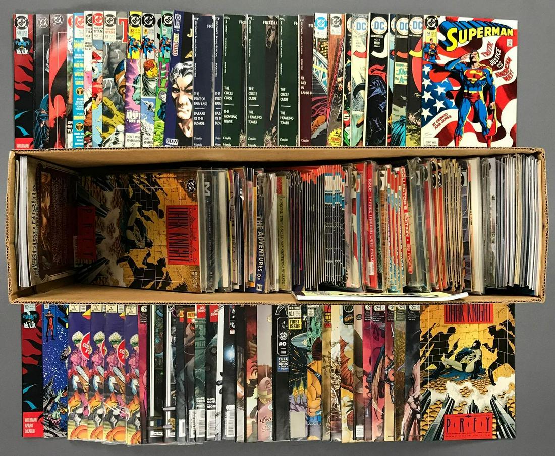Long box of approximately 200 assorted comic books and: Includes DC, Marvel, Top Cow and more featuring Batman, Superman, Captain America and more. Includes duplicates.