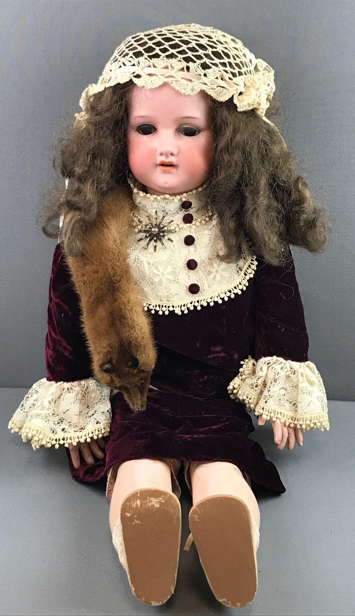 Antique 32 inch German bisque doll Marseille: Socket head, 390 A.15.M, brown glass sleep eyes with painted and affixed lashes, open mouth with teeth, composition and wood jointed body/limbs. Limbs, hands show wear- some cracking, hands have paint