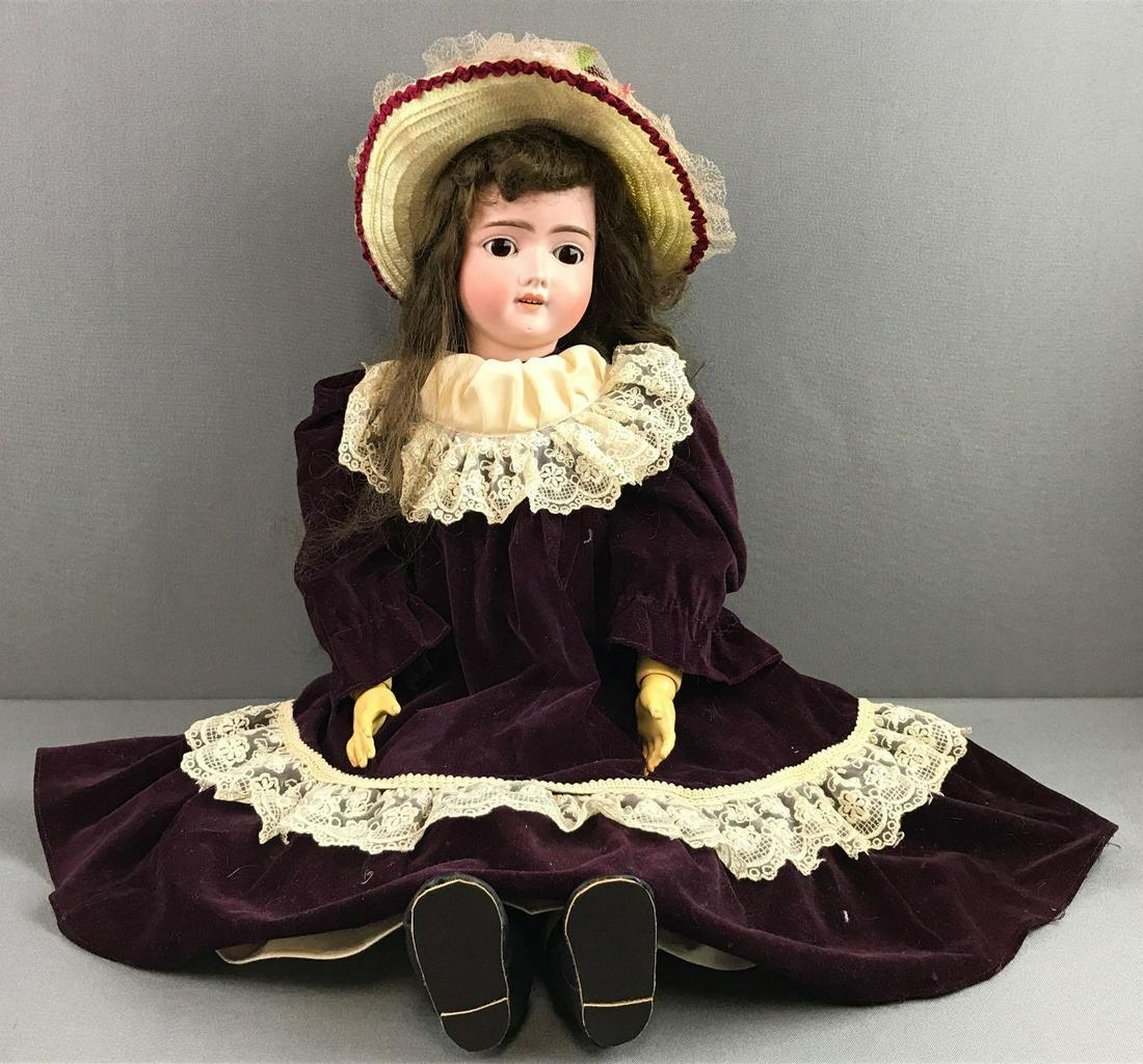 Antique 26 inch German bisque doll Schoenau &: SH with PB in star, 1909, 6. Brown sleep eyes with painted lashes, open mouth with teeth, compostion jointed body, velvet maroon dress with lace, under garments, socks and shoes. Brown hair wig, attac