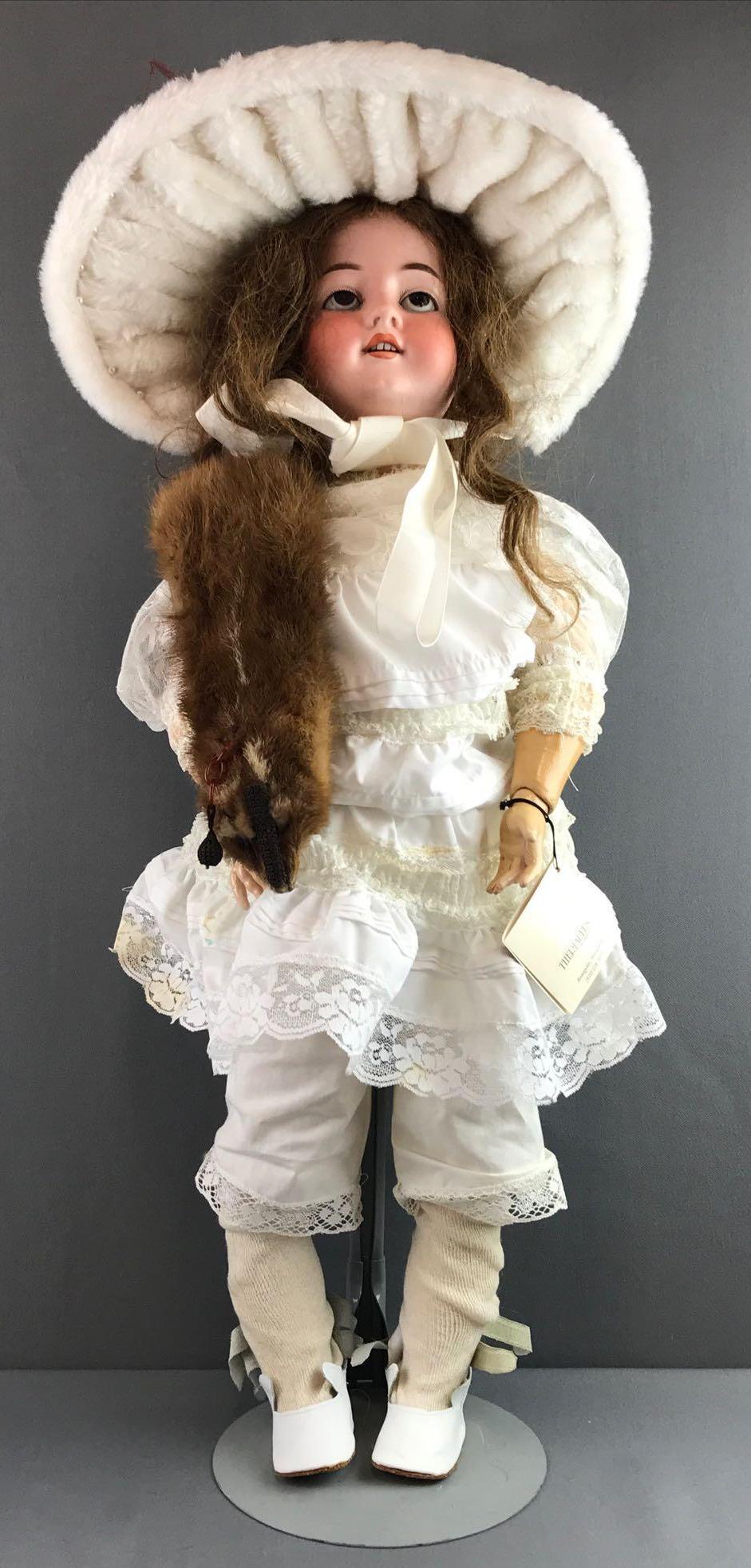 Antique 25 inch German bisque doll Marseille: Armand Marseille, 390n DRGM 24 G/1, A 11 M. Socket head, brown sleep eyes with painted lashes, open mouth with teeth. Composition and wood jointed body. White dress with lace, under garments, hat, min