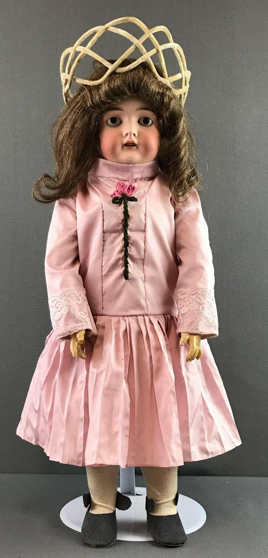 Antique 24 inch German bisque doll Marseille: Queen Louise on back of neck. By Armand Marseille. Socket head, brown replacement glass eyes, open mouth with teeth, composition and wood jointed body. Pink dress, under garments, stockings, shoes. Bo