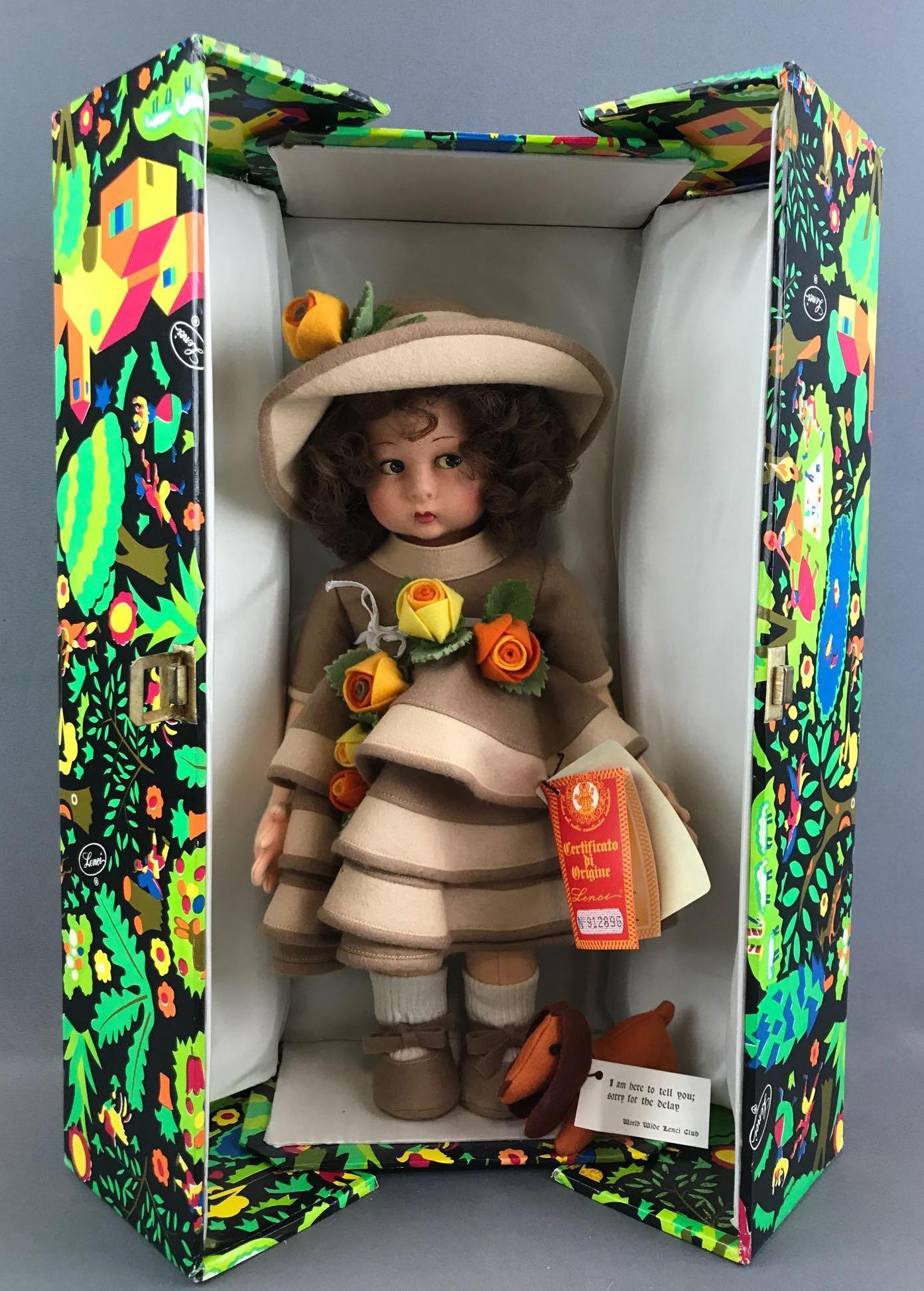 World Wide Lenci Club Member Exclusive Doll in original: 15 inch soft body doll in very good condition. Includes plush apology dog. Box measures 9.25x19x5.75 inches