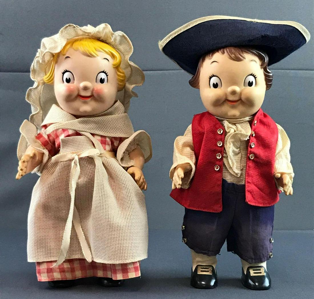 Group of 2 Vintage Campbells Soup Dolls: Includes male in vest, pants and hat and female in checkered dress with apron and hat. In original shipping boxes, pants faded toward bottom, wear consistent with age. Very nice condition.