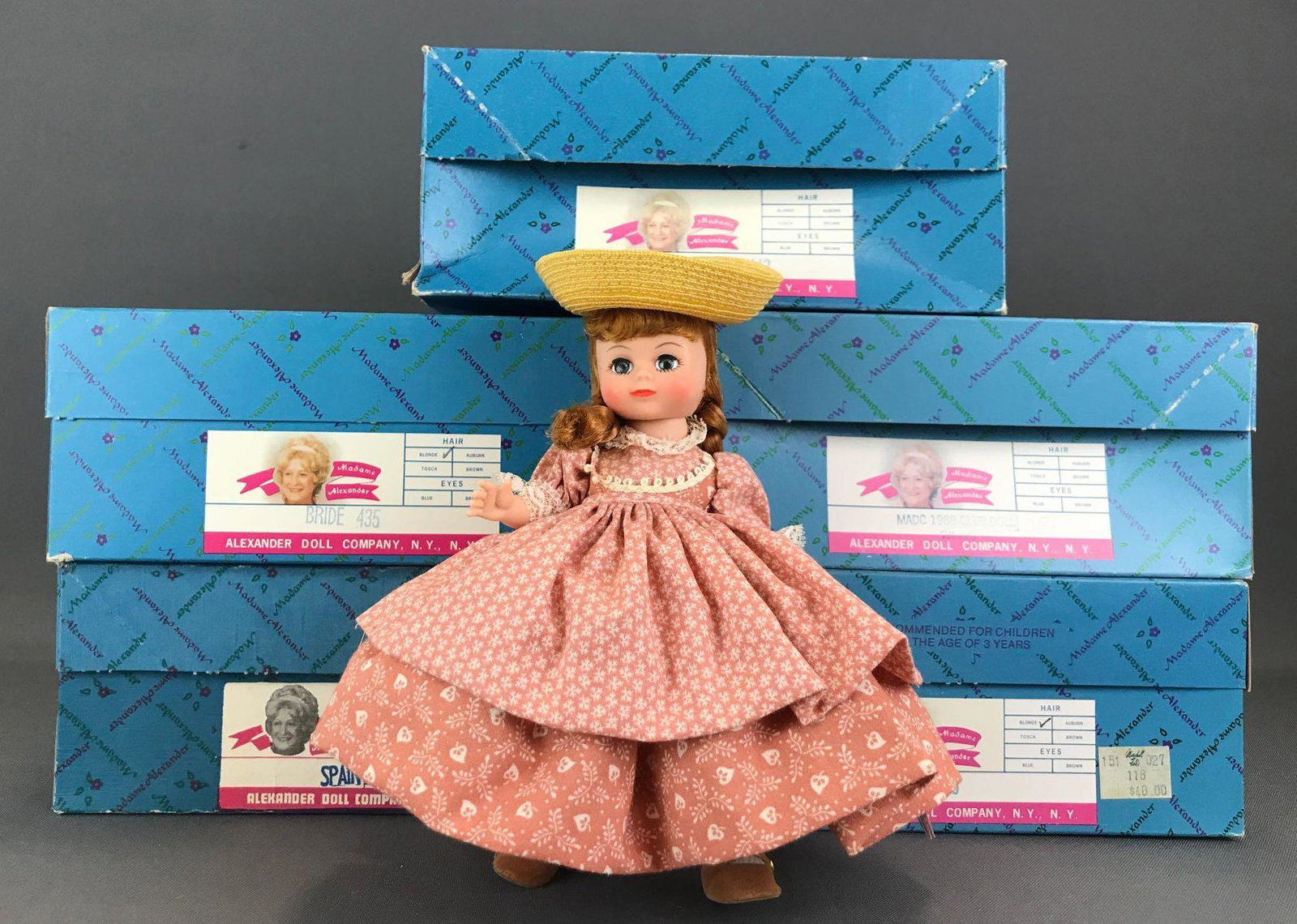 Group of 5 Madame Alexander dolls with original boxes: Includes Polly Flinders No. 443(pictured), (2) Bride No. 435, MADC 1989 Club Doll, and Spain No. 595. Dolls are 6 inches each with sleepy eyes and straight legs