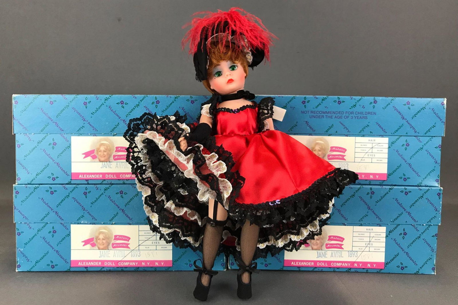 Group of 4 Madame Alexander Jane Avril No. 1893 dolls: With original boxes. Dolls are 10 inches with sleepy eyes and straight legs. Based on painting by Toulouse-Lautrec and made exclusively for Marshall Fields