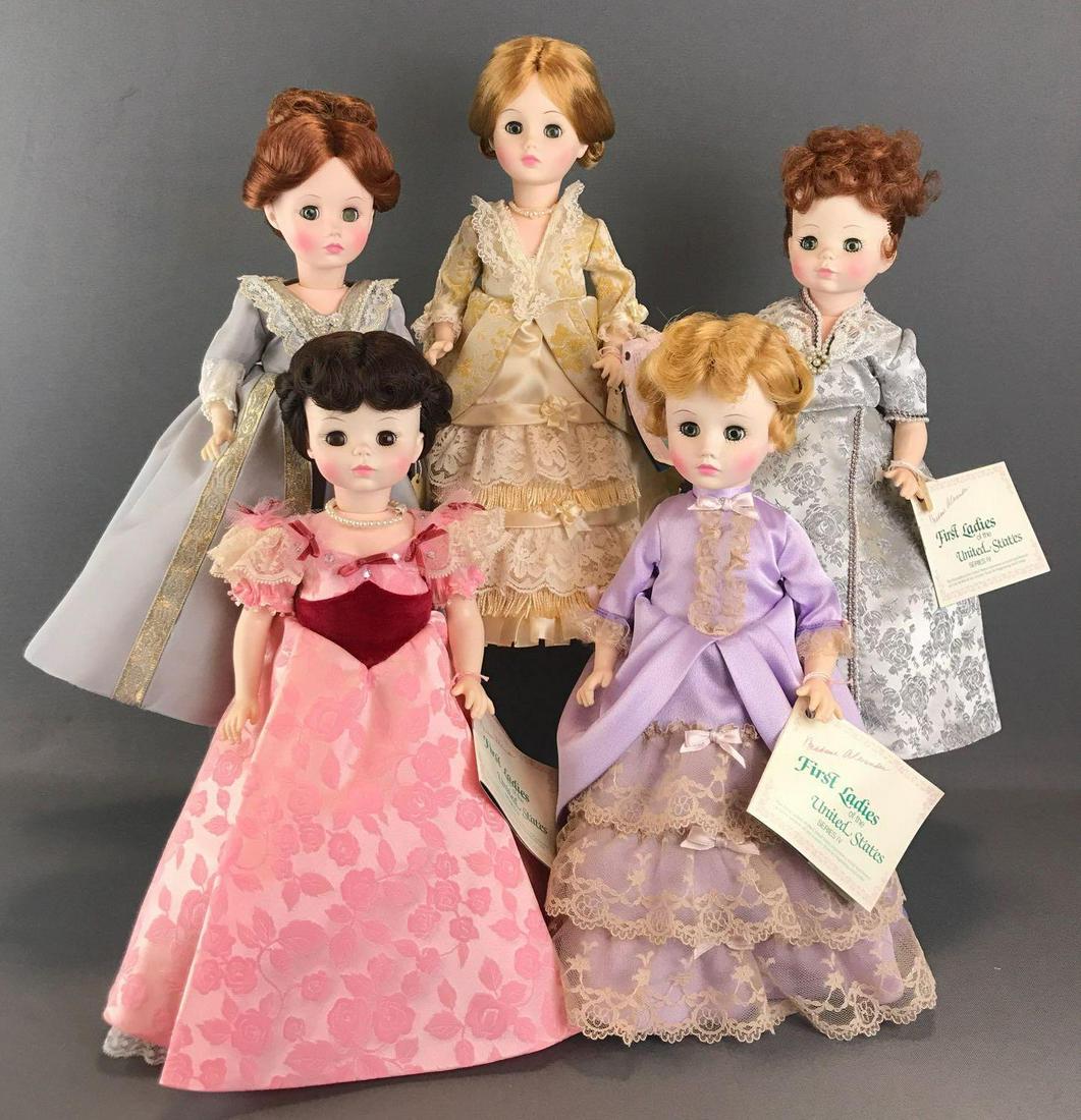 Group of 5 Madame Alexander First Ladies of The United: Includes Caroline Harrison, Lucy Hayes, Mary McElroy, and more. Dolls are appx 14 inches with sleepy eyes and straight legs. Unknown completion