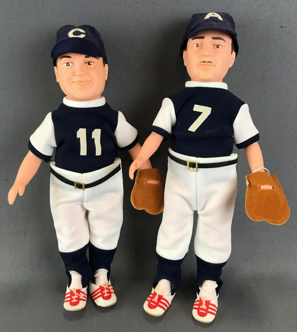 Pair of Abbot and Costello Who is on First dolls: Plastic, jointed hips and shoulders. Largest is 11 inches