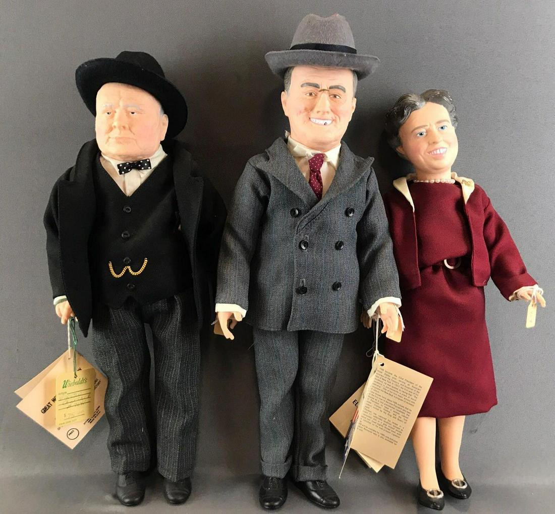 Group of 3 Effanbee dolls: Includes Great Moments in History Winston Churchill, Eleanor Roosevelt, and The Presidents Franklin Delano Roosevelt. Largest is 17 inches. Dolls are plastic, unknown completion