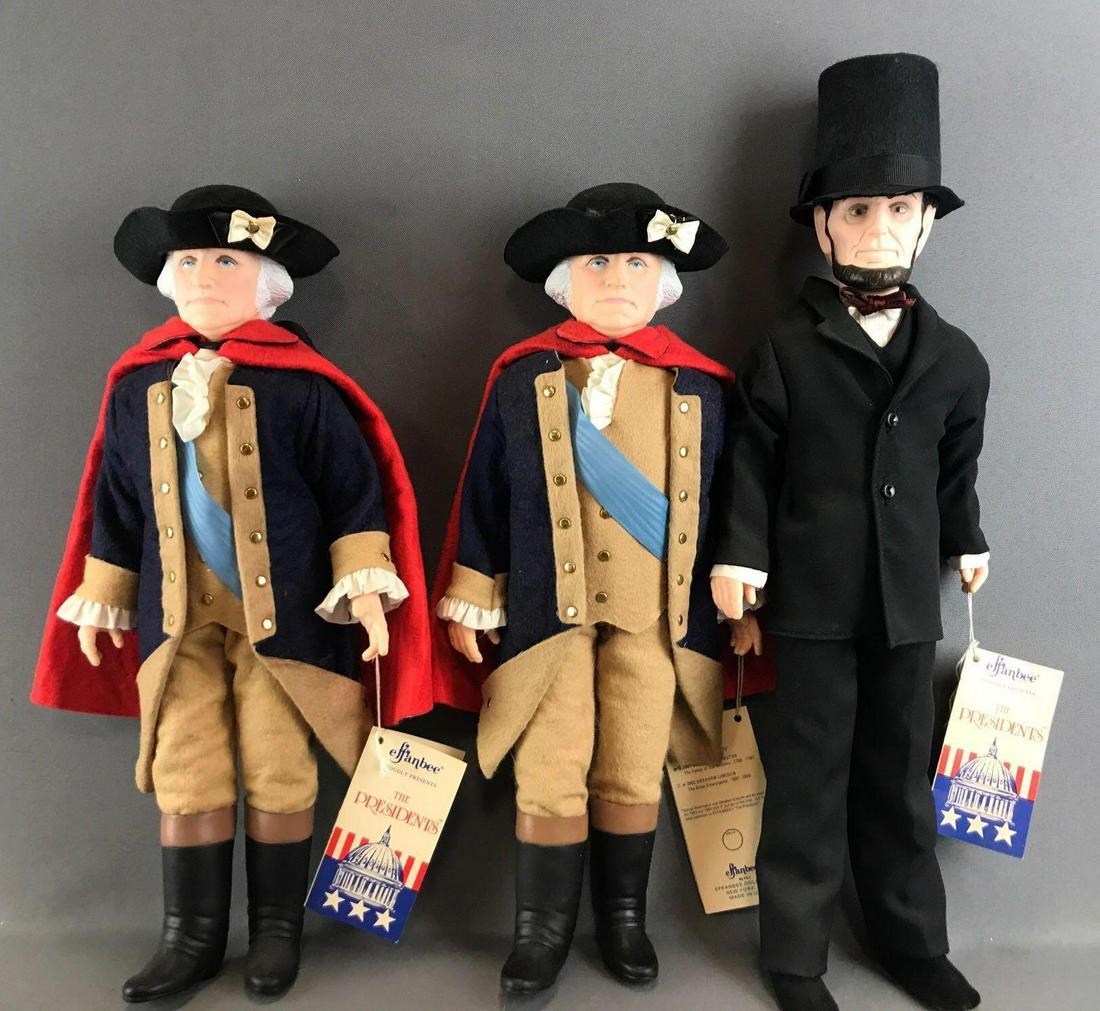 Group of 3 Effanbee The Presidents dolls: Includes Abraham Lincoln and (2) George Washington. Largest is 18 inches. Dolls are plastic, unknown completion