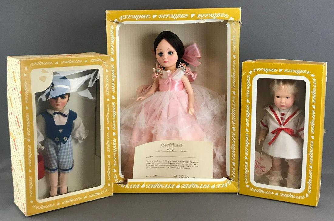 Group of 3 Effanbee dolls with original boxes: Includes The Dolls of Your Dreams Collection Tara, Lisa Grows Up Collection Lisa Sailor, and Jack (Jack & Jill). Largest is 18 inches. Dolls are plastic, unknown completion