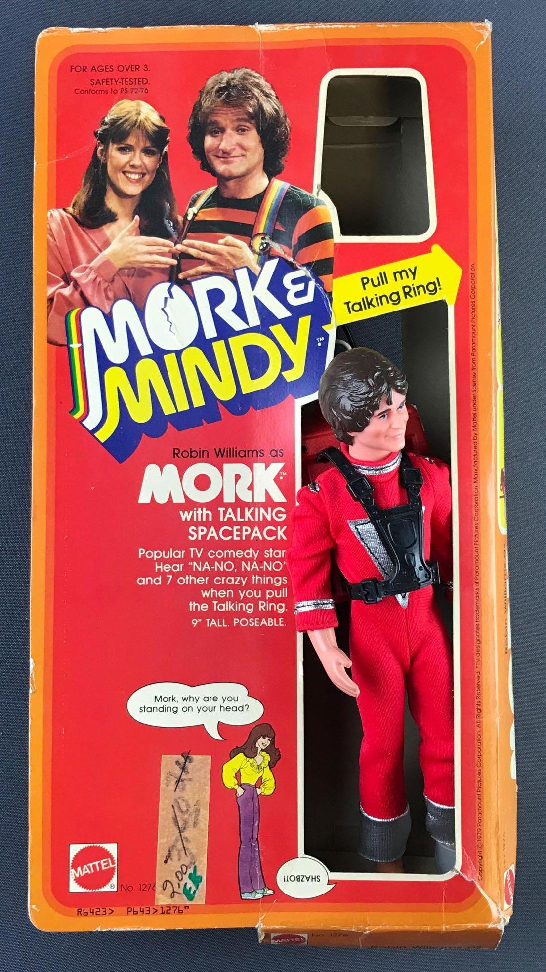Mattel Mork poseable action figure: Mork and Mindy, Robin Williams as Mork with talking spacepack. Measures 7.5x14x2.5 inches. Packaging has tearing, missing plastic insert. Untested.