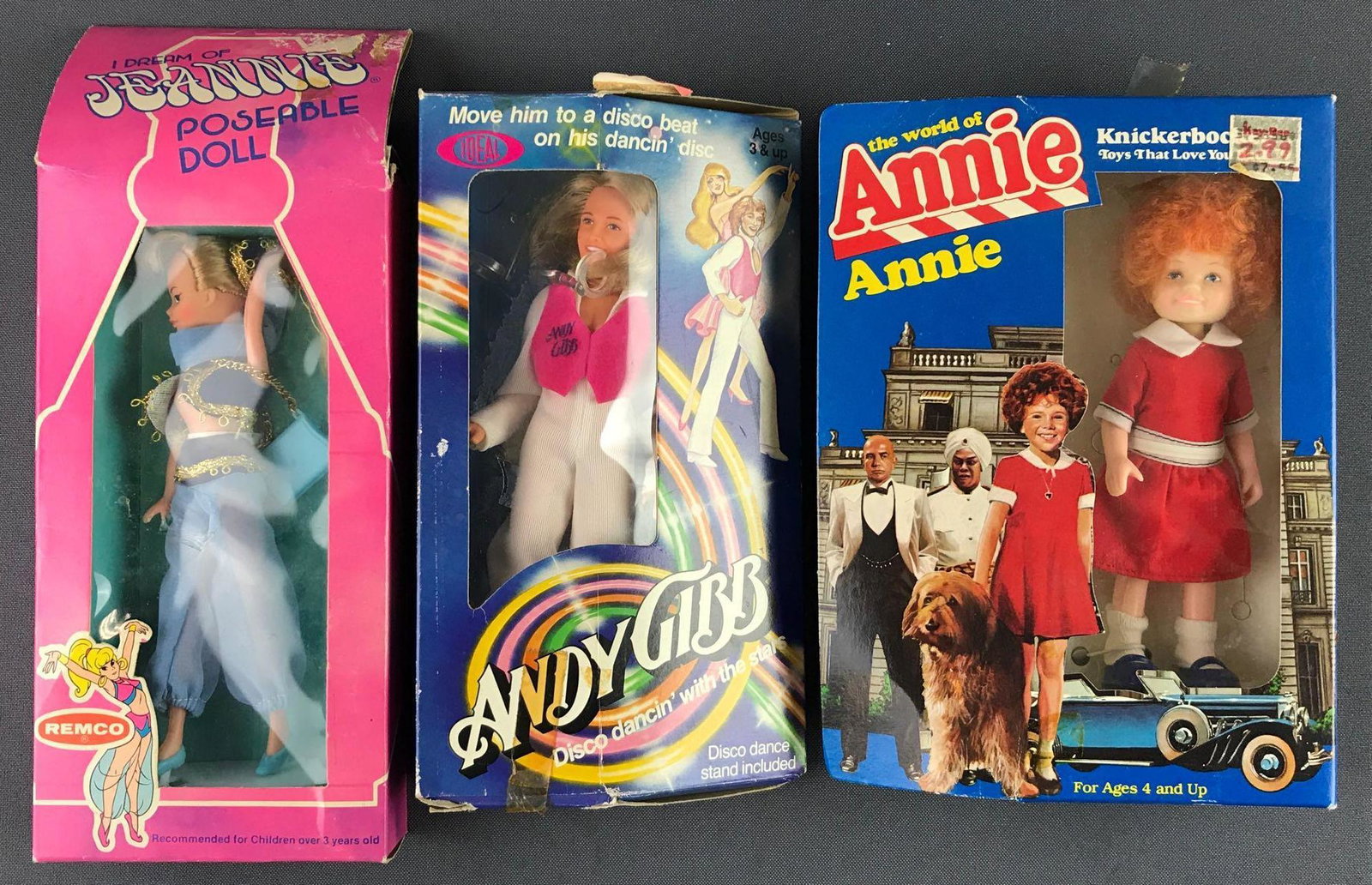 Group of 3 vintage poseable dolls: Includes Remco I Dream of Jeannie, Ideal Andy Gibbs and Knickerbocker Annie. Packaging has wear consistent with age.