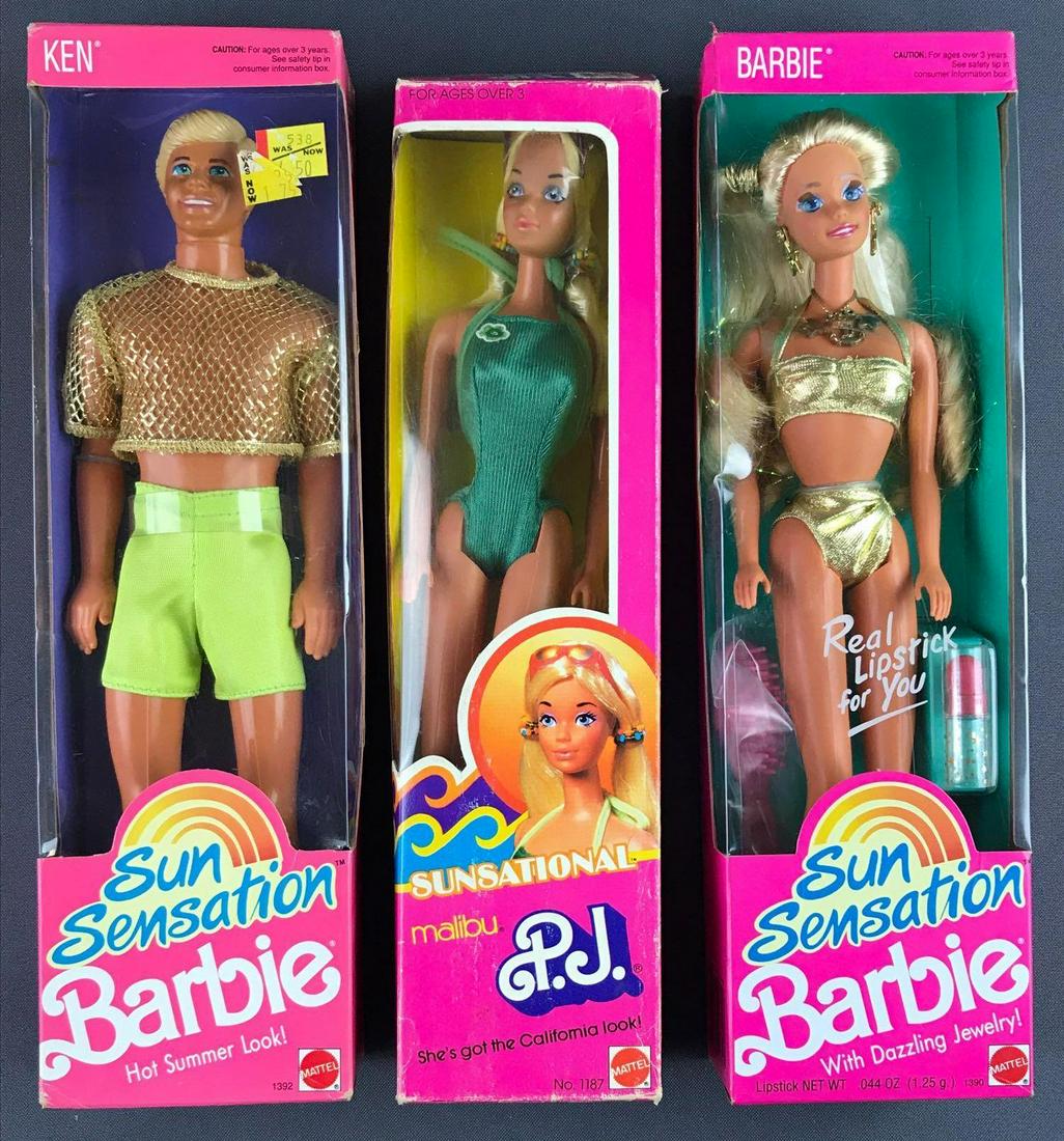 Group of 3 Mattel Barbie In original packaging: Includes Sun Sensation Ken No. 1392 and Barbie No. 1390 manufactured 1991; Sunsational Malibu P.J. no. 1187 manufactured 1981, adhesive on top flap detached. NIB measures 3.5x13x2 inches, packaging ha