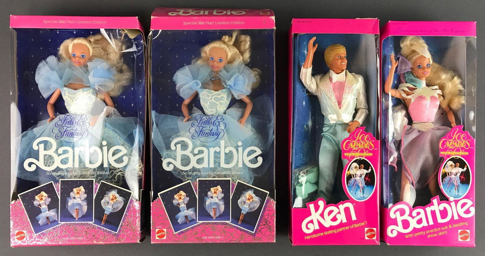 Group of 4 Mattel Barbies and Ken in original packaging: Includes two Frills and Fantasy Special Walmart Limited Edition No. 1374 manufactured 1988 measuring 13x7x2.5 inches, cellophane detached on top in one one and adhesive detached on top flap on other; 