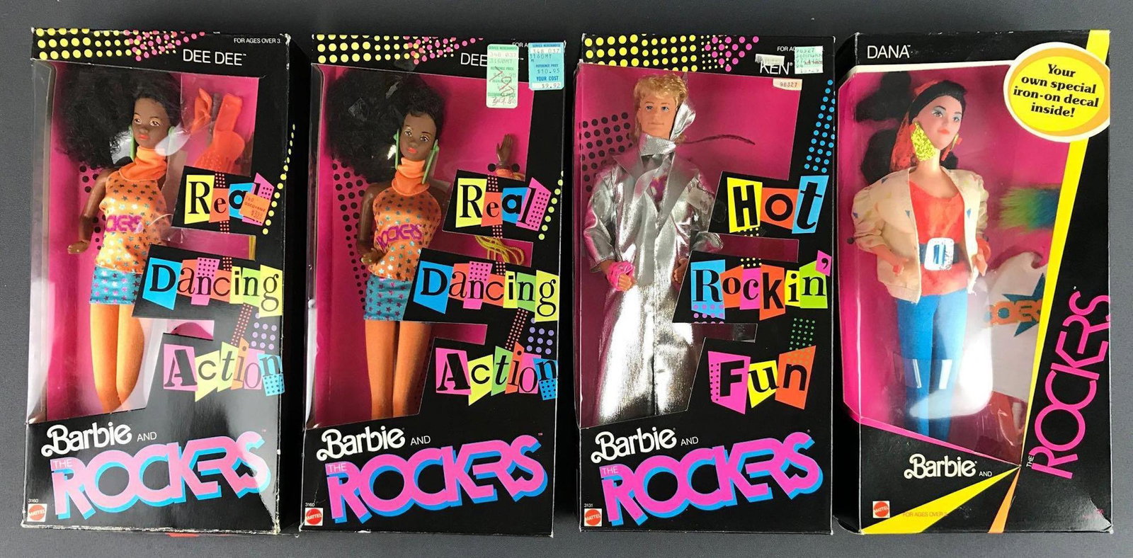 Group of 4 Mattel Barbie and the Rockers in original: Includes two Dee Dee No. 3160 and Ken No. 3131 manufactured 1986 measuring 12.75x6x2.5 inches and Dana No. 1196 manufactured 1985. NIB, packaging has shelf wear and adhesive on flap on one has detache