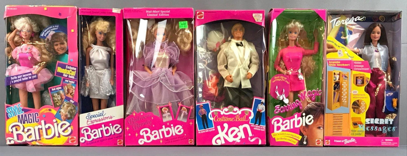Group of 6 Mattel assorted Barbies in original: Includes Style Magic No. 1283, Special Expressions No. 4482, Ballroom Beauty No. 3678, Costume Ball Ken No. 7254, Earring Magic No. 7014 and Secret Messages Teresa No. 26424. Manufactured 1988â€“