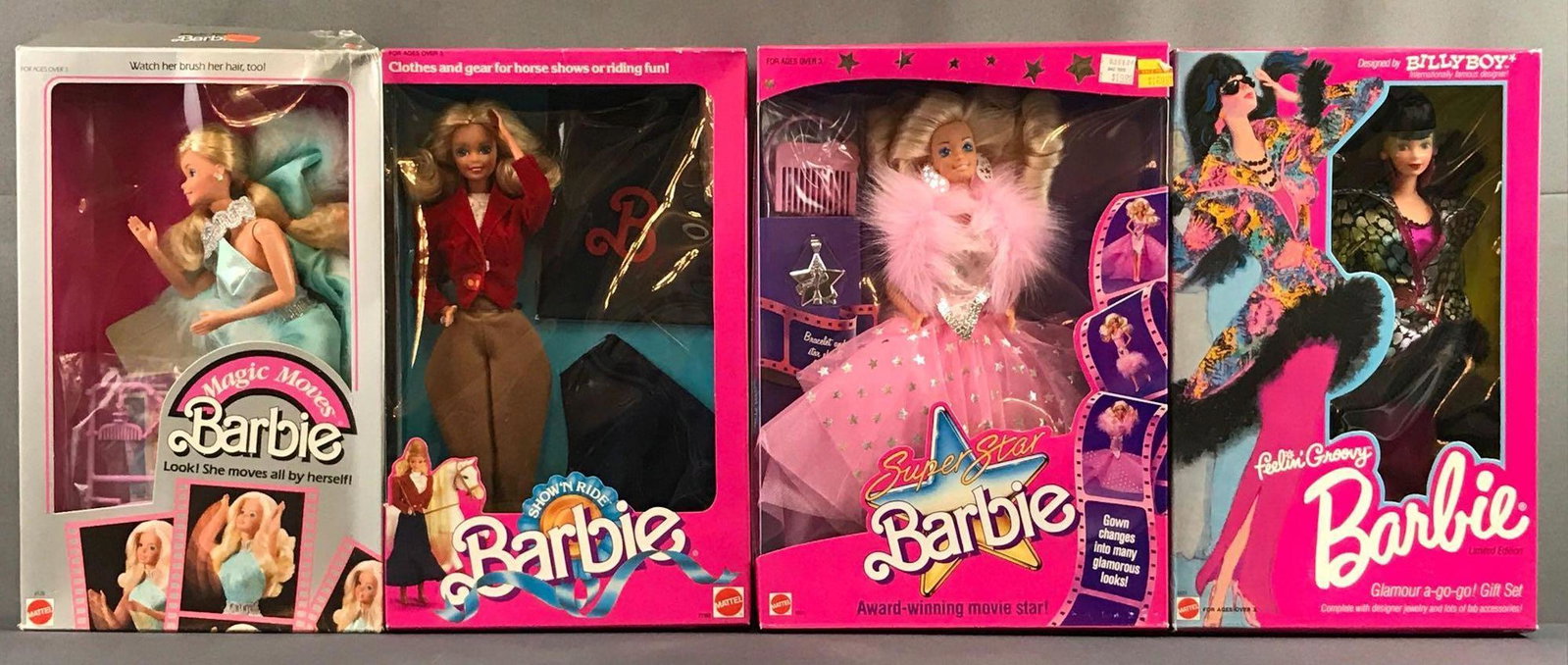 Group of 4 assorted Mattel Barbies in original: Includes Magic Moves No. 2126, Show N Ride No. 7799, Super Star No. 1604 and Feeling Groovy designed by Billy Boy No. 3421, manufactured 1985â€“1988. Measures 9x13x2.5 inches, packaging has some 