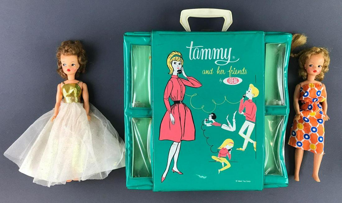 Group of 3 Ideal Toy Tammy dolls and case: Case measures 13.5x14x3 inches. Wear consistent with age and use, in used condition.