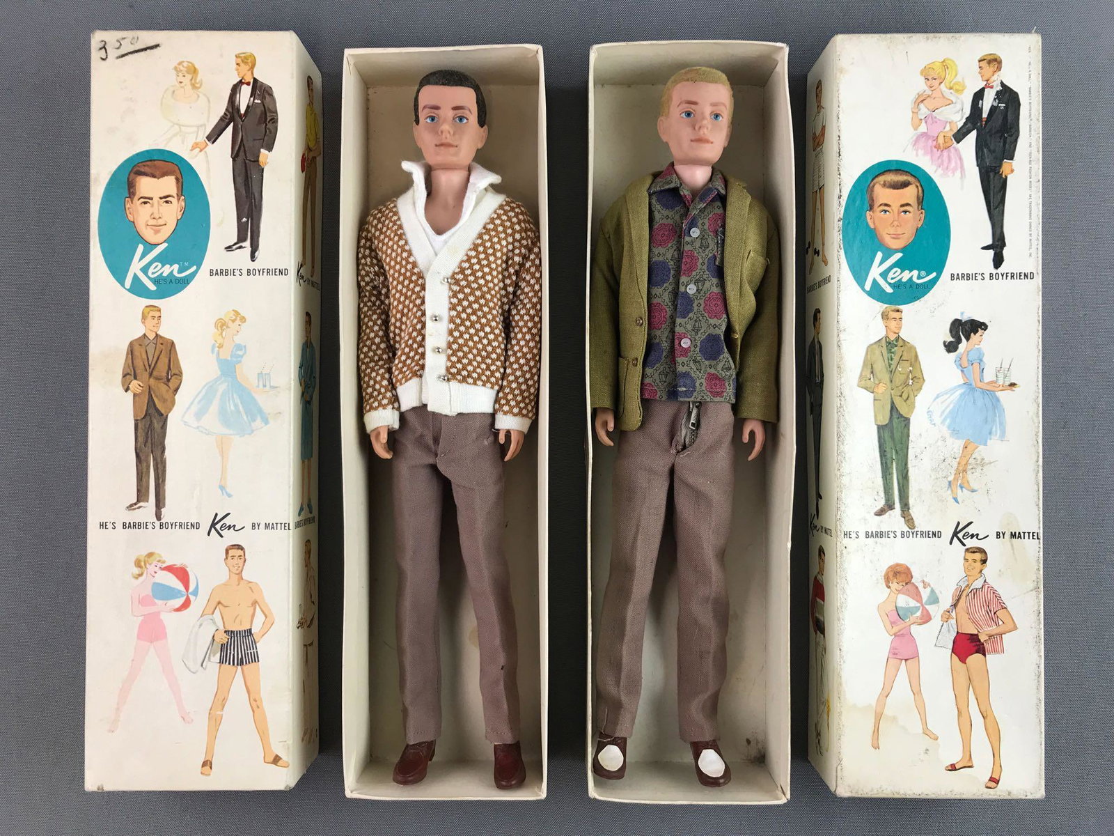 Group of 2 1960 Mattel Barbie Ken dolls in original: Measures 12.75x3.75x1.75 inches. Includes Ken Stock No. 750 and Stock No. 750 Blonde. Some hair rubbed off. Wear consistent with age.