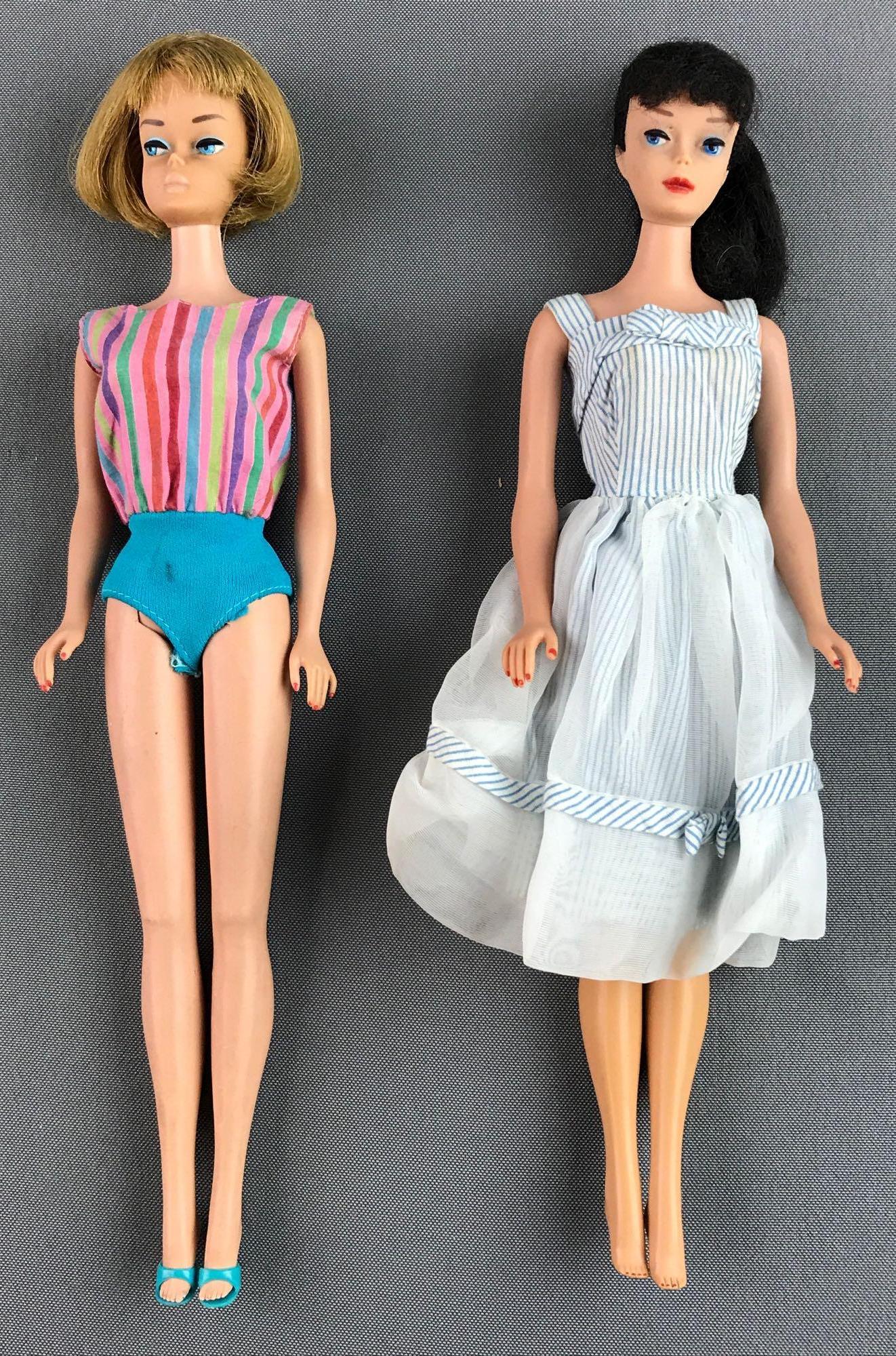 Group of 2 vintage Mattel Barbies: Measures 11.5 inches.Includes one marked Mattel 1958, bendable knee joints and one marked Barbie MCMLVIII. Wear consistent with age.