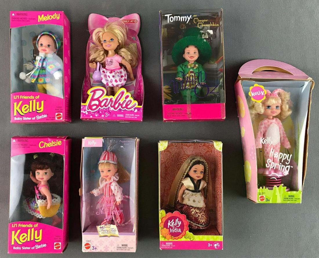 Group of 7 Mattel Barbie Kelly dolls and more: Includes Kelly in Nutcracker, India, Melody, Tommy in Wizard of Oz and more. Largest measures 8.5x4.25x 1.75 inches. Packaging has shelf wear. NIB.
