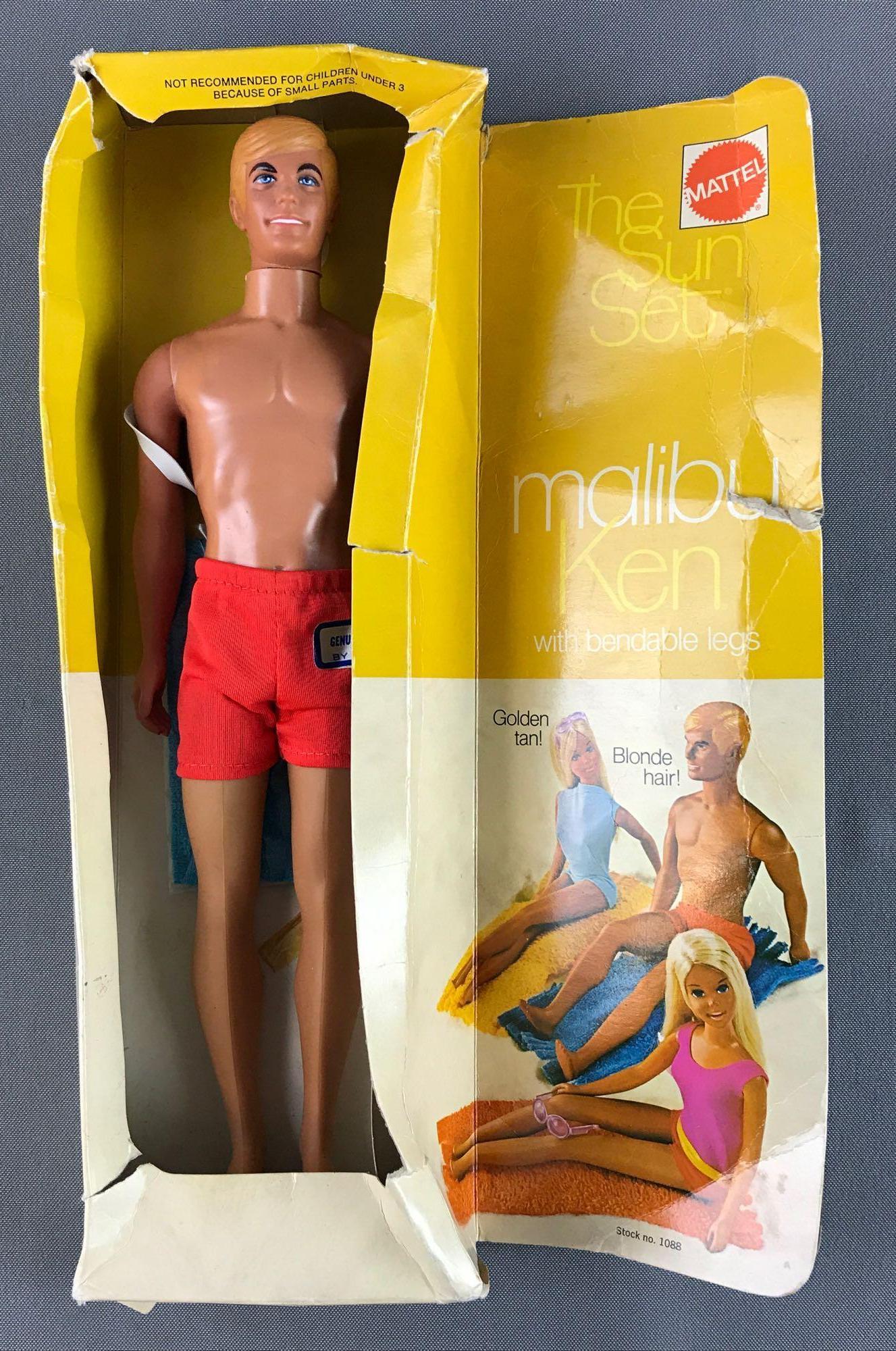 1970 Mattel Barbie Malibu Ken doll in original: No. 1088 measuring 8.25x13x2 inches. Packaging has tears, dents and shelf wear.