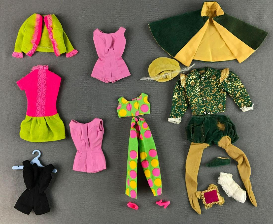 Group of 17 Mattel Barbie and Ken Fashion Clothing,: Includes dresses, sweaters, Ken Prince outfit and more in used condition.