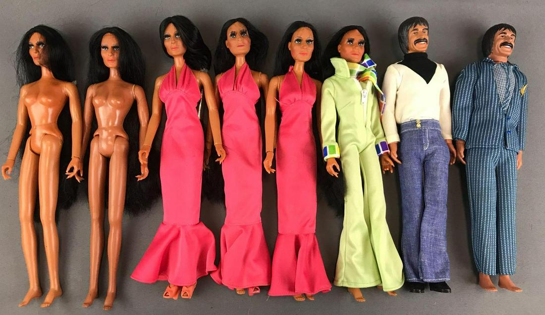 Group of 8 vintage Mego Corp Sonny & Cher fashion dolls: Dolls are 12 inches, lot includes assorted fashions