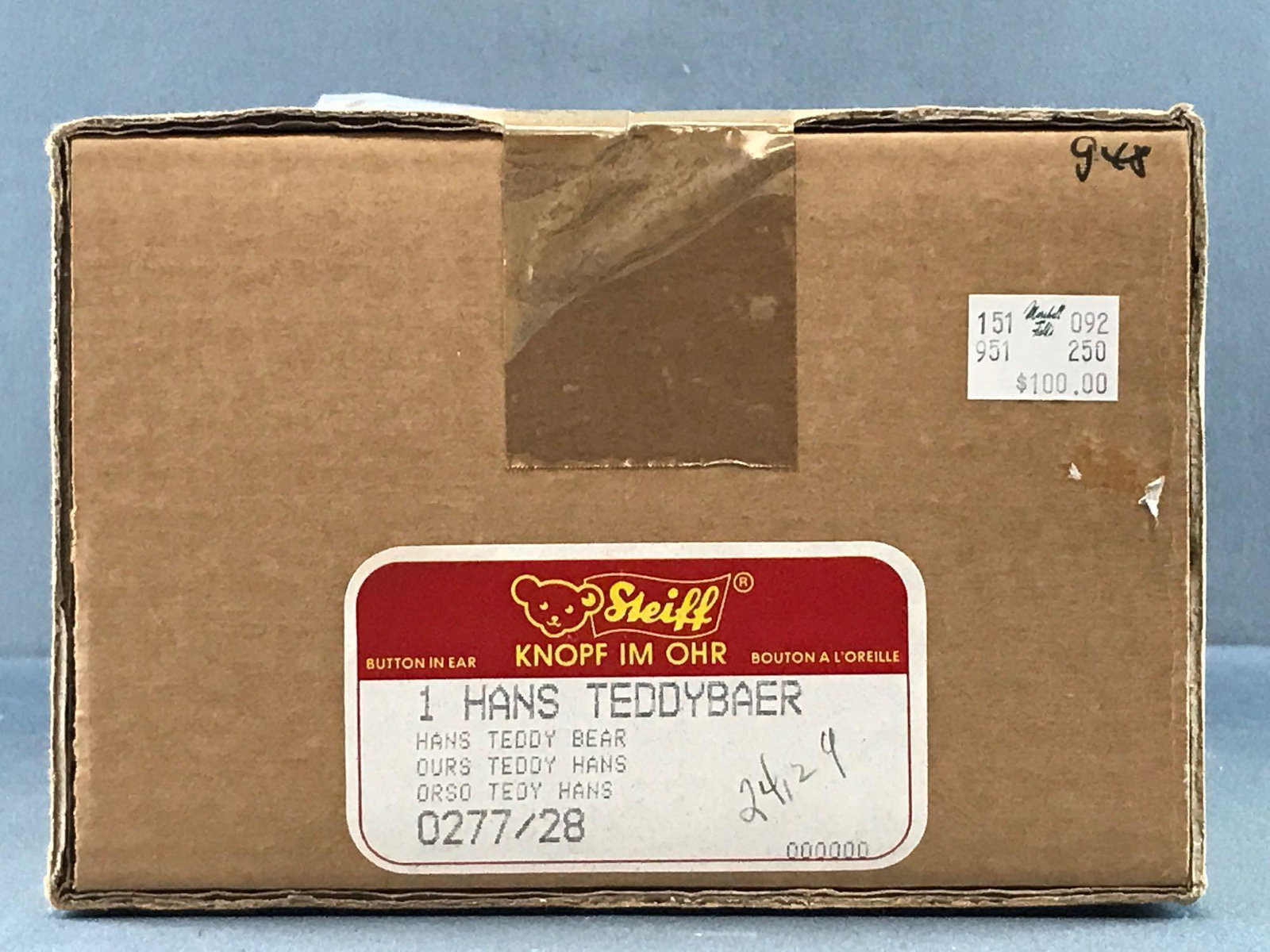 Stieff Hans Teddybear in factory sealed box: No. 03687. Box measures 12.5x7.75x5.25 inches.