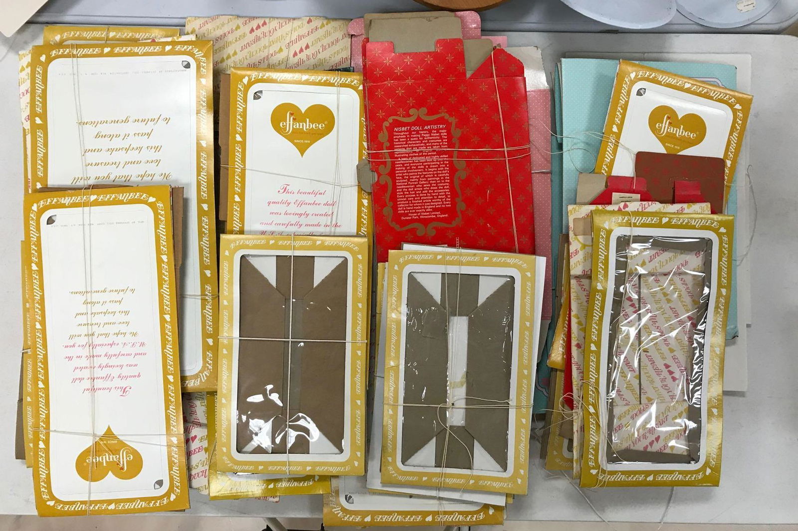 Group of 28 Effanbee and more various size doll: Boxes Only, largest measures 23x12x.35 inches. Includes Effanbee, Peggy Nisbet and more.