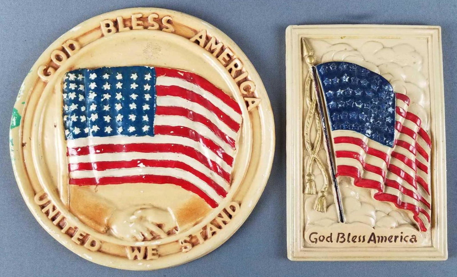 2 vintage patriotic ceramic wall art: God Bless America. Round art is 9.5 inch diameter