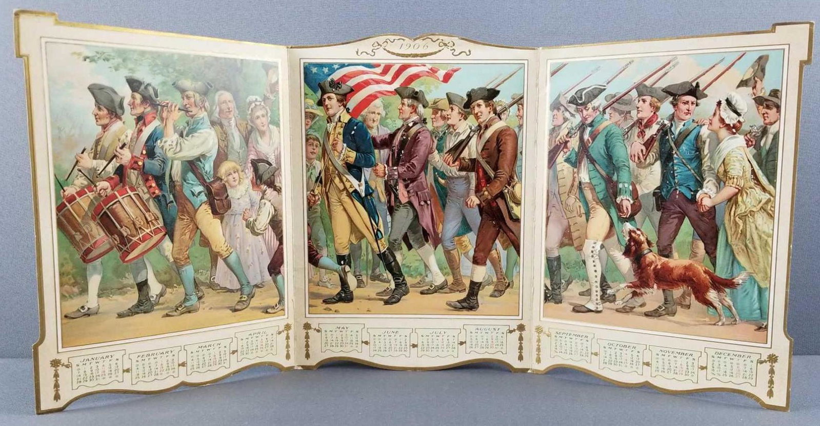Antique tri-fold minutemen 1906 calendar: Youths companion, by the Perry Mason company. Nice condition, some minor wear. Measures 24.5 x 11.5 inches unfolded.