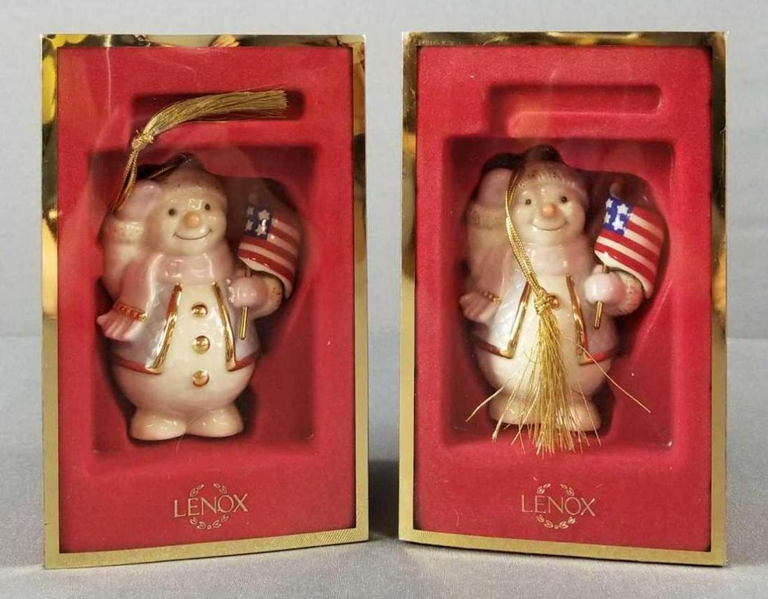 2 Lenox patriotic snowman ornaments: In original packaging. Box measures 4 x 6.5 inches