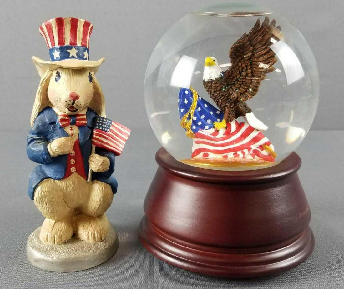 2 patriotic decor, music box snow globe and figurine: San Francisco music box company, plays America the beautiful, 5.5 inches tall