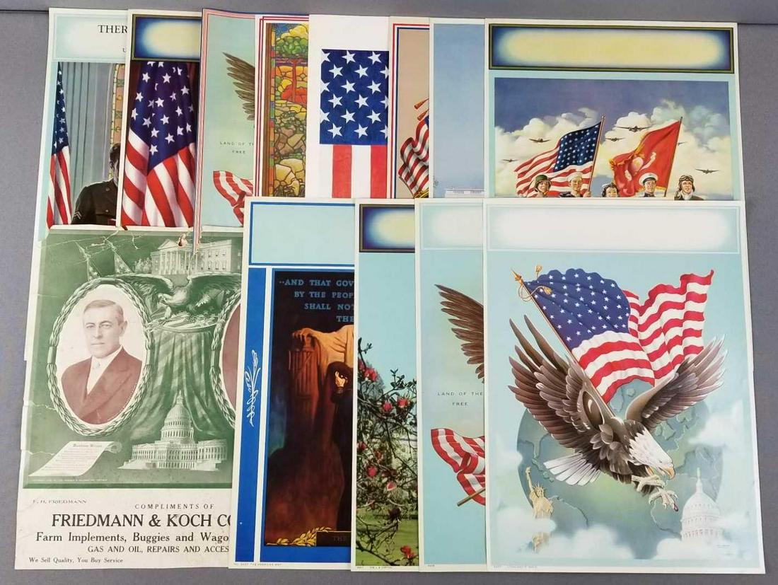 Group of 13 vintage patriotic art calendar artwork: 12 x 16.5 inches. Featuring flags, religious, native American, Woodrow Wilson, Abraham Lincoln, military, and more