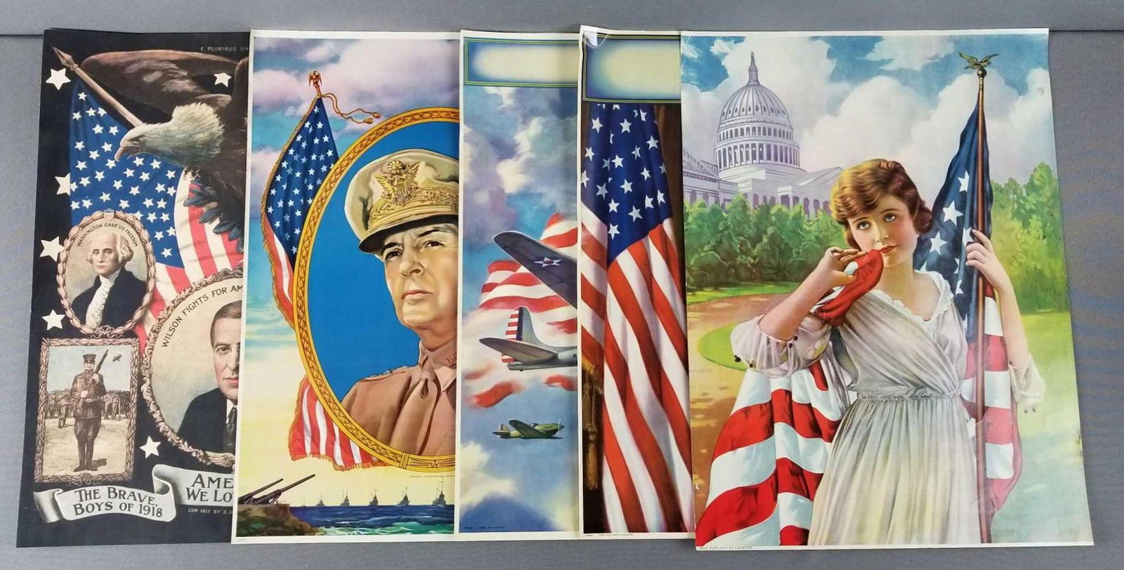 Group of 5 vintage patriotic posters and art calendar: Features Woodrow Wilson, General Douglas MacArthur, and others. 15 x 20.5 inches