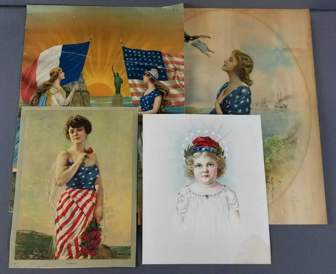 Group of 4 vintage patriotic posters: All have some wear or damage. Fair democracy, Glad tidings. Largest is 15 x 19 inches