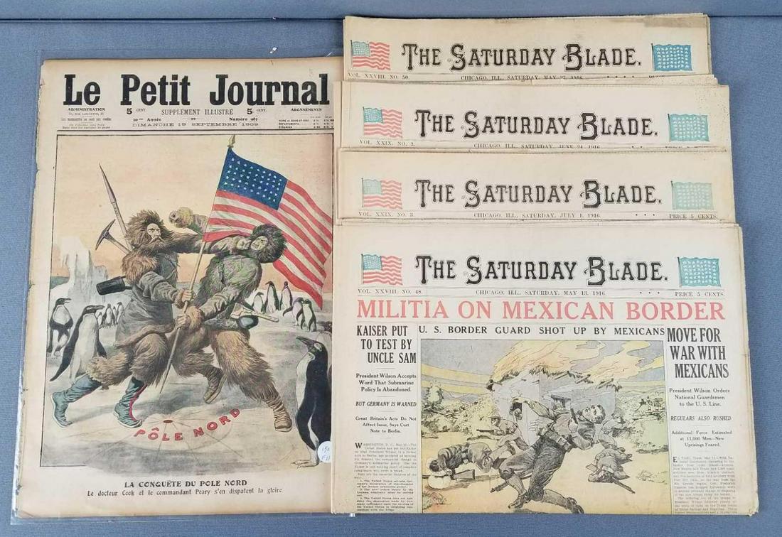 Antique Mexican war newspapers: 4 copies of The Saturday Blade from 1916, Le Petit Journal 1909.