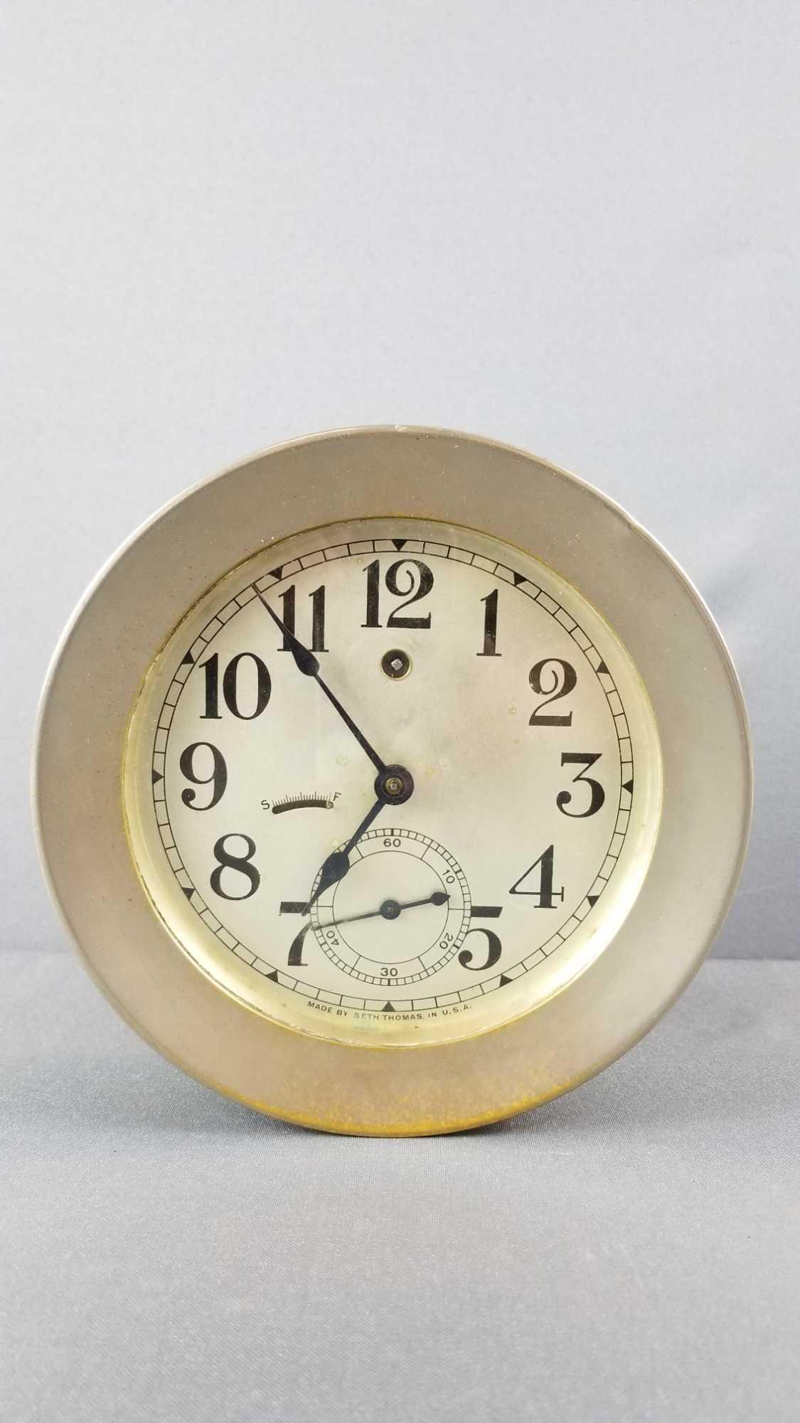 Seth Thomas ships clock: Nickel plated brass. 7.5 inch diameter