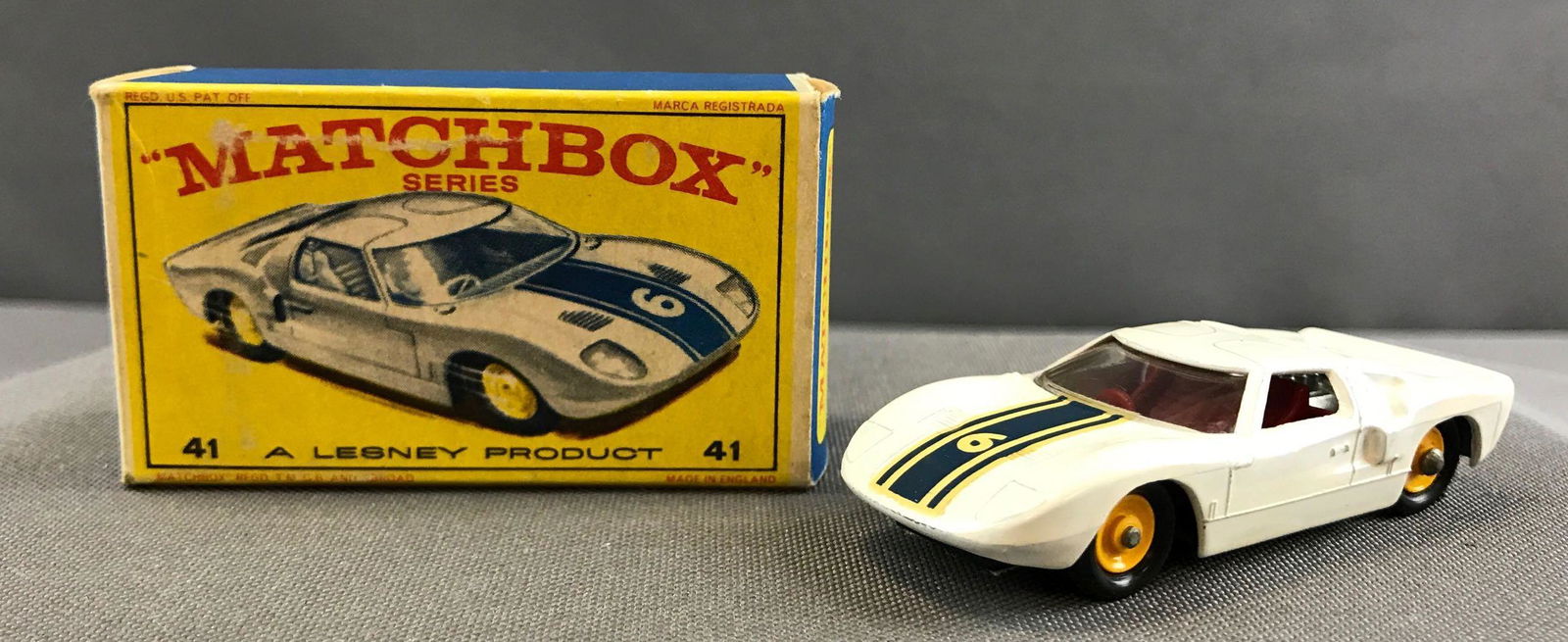 Matchbox No. 41 Ford G.T. die cast vehicle: Clear windows, black base, A Lesney Product, E Box